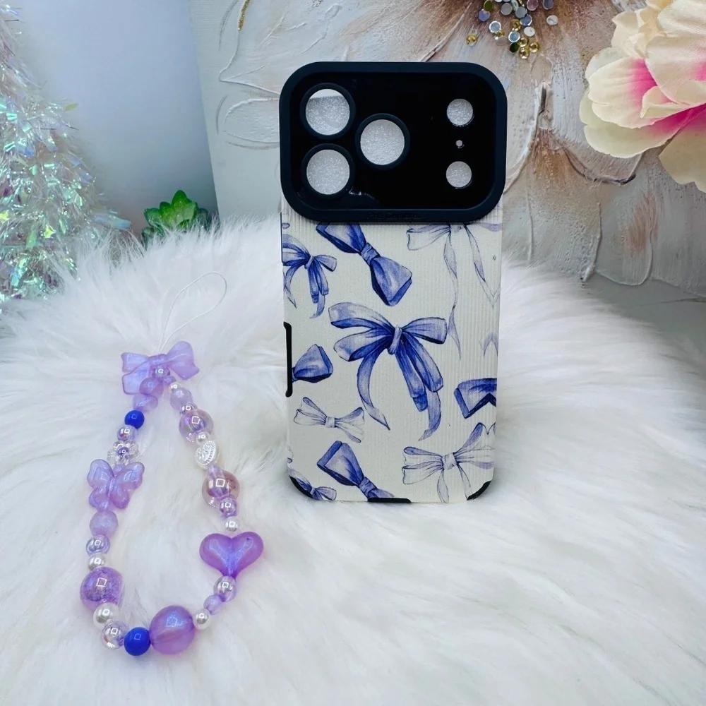 Chic Purple Bow iPhone 17 Pro Case with Phone Bow Beaded lanyard